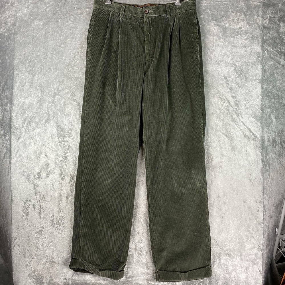 Vintage Tommy Hilfiger Pants Mens 33x32 Green Baggy Corduroy Pleated Cuffed Y2K